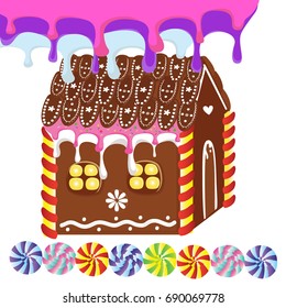 Vector illustration of gingerbread house, lollipops