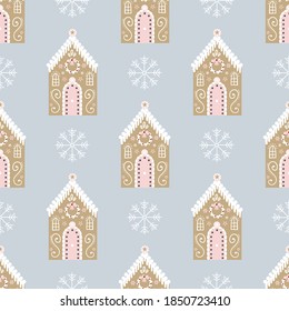 Vector illustration gingerbread house and snowflakes seamless repeat pattern on a light blue background.