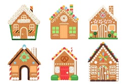 Vector Illustration Of Gingerbread Houses. Cartoon Baked Town Buildings With Candy, Sugar Icing Snowflakes, And Chocolate Decorations On Windows And Doors.