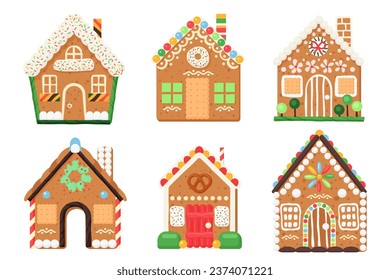 Vector illustration of gingerbread houses. Cartoon baked town buildings with candy, sugar icing snowflakes, and chocolate decorations on windows and doors. svg