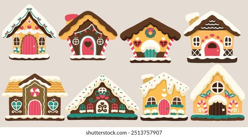 Vector illustration of gingerbread houses for Christmas day. Cartoon baked town buildings with candy, sugar icing snowflakes, and chocolate decorations on windows and doors. isolated on background