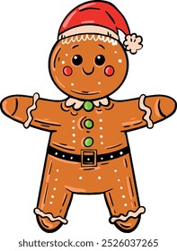 Ilustración vectorial del hombre de jengibre. Linda pegatina de estilo de dibujos animados. Felices Navidades y Feliz Año Nuevo