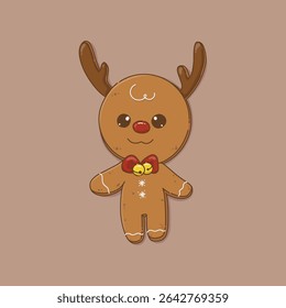 A vector illustration of a gingerbread man decorated as Rudolph with red nose, antlers, and red ribbon with bells, with white chocolate details. Suitable for Christmas cards, stickers, etc.