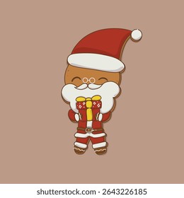 A vector illustration of a gingerbread man decorated as Santa Claus with hat, beard, mustache, glasses, and holding a gift in front of his chest. Suitable for Christmas cards, stickers, etc.