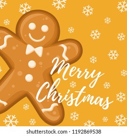 Vector illustration with gingerbread man with ornament of glaze on the yellow background with snowflakes and text Merry Christmas.