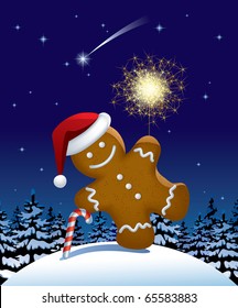 Vector illustration of gingerbread man with a sparkler in winter fir forest in the night