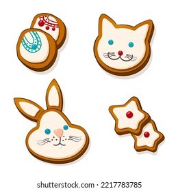 Ilustración vectorial. Pan de jengibre pintado. Navidad o Año Nuevo, un recuerdo de pan de jengibre. el símbolo del año es un conejo. Grito, dulces. Productos de panadería.