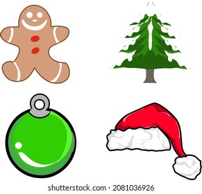 Vector illustration of gingerbread, santa hat, green bell, pine tree, very suitable for stickers, shirt design, and celebration decoration