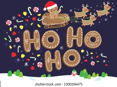 Vector illustration of gingerbread santa and letters over snowy Christmas holiday background snow scene