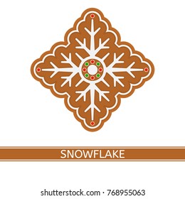 Vector illustration of gingerbread snowflake isolated on white background. Christmas cookie in flat style.
