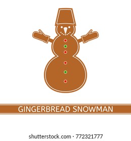 Vector illustration of gingerbread snowman isolated on white background. Christmas glazed cookie in flat style.