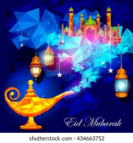 ilustración vectorial de la lámpara ginie y la mezquita para el fondo de Eid Mubarak (Bendición para Eid)
