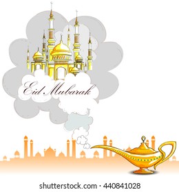 vector illustration of ginie lamp and mosque for Eid Mubarak (Blessing for Eid) background