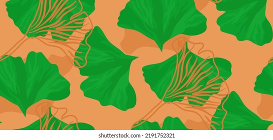 Vector illustration ginkgo biloba leaves seamless pattern with botanical leaves on orange background.