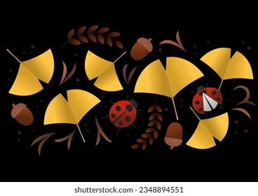 Vector illustration of ginkgo leaves and ladybugs.