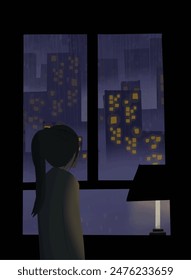 vector illustration of gir looking at the sky from the window