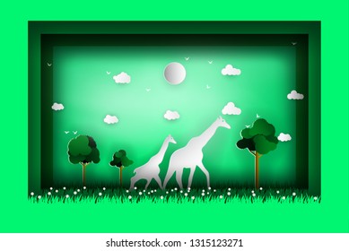 Vector illustration. Giraf lover, then green nature forest background.