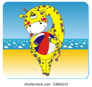 vector illustration of giraffe with the ball on the beach