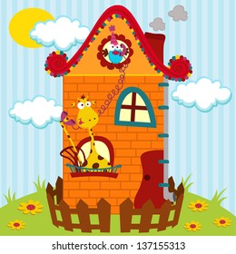 vector illustration, giraffe and bird talking on the phone in the house / giraffe and a bird in the house
