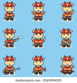 Vector Illustration of Giraffe cartoon with Firefighter costume. Set of cute Giraffe characters.