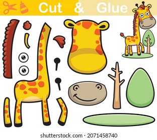 Vector illustration of giraffe cartoon with tree. Education paper game for kids. Cutout and gluing