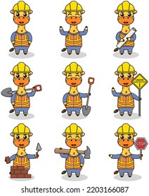 Vector illustration of Giraffe character at construction site. Construction workers in various tools. Cartoon Giraffe characters in hard hat working at building site vector.