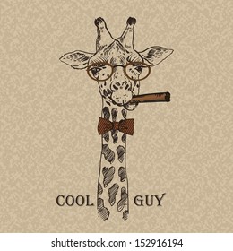 Vector Illustration of Giraffe with Cigar, Retro Fashion