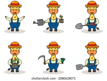 Vector illustration of Giraffe farmer cartoon. Cute Giraffe farmer character design with straw hat. Character flat design.