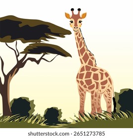 Vector illustration of a giraffe in the forest, a giraffe is standing