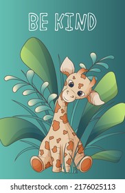 Vector illustration of a giraffe with leaves in cartoon style. Hand-drawn illustration for kids rooms design, postcard decoration, cover, book, poster design. Illustration of cute animal.