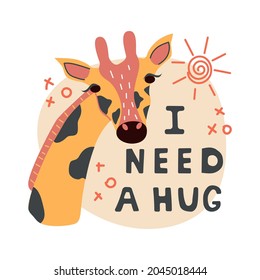 Vector illustration of giraffe with lettering, isolated on white background. Cute funny african animal for children, can used like a sticker, t-shirt print, poster