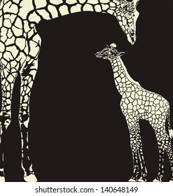 vector illustration of Giraffe mother with cub on a black background