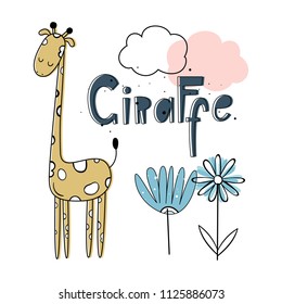 Vector illustration of Giraffe. Nice background. Hand drawn letters style. Scandinavian motives
