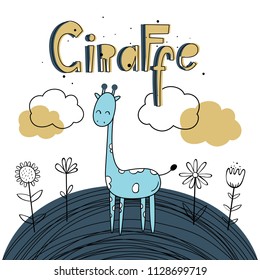 Vector illustration of Giraffe. Nice background. Hand drawn letters style. Scandinavian motives