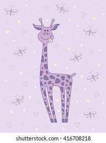 Vector  illustration of giraffe on violet background with hearts and butterflies