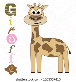 Vector illustration of a giraffe on a white background. T-shirt graphics for kids. Cartoon print.