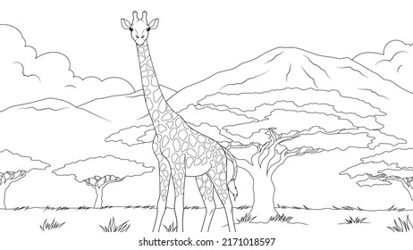 Vector illustration, a giraffe stands in a clearing against the backdrop of mountains, coloring book.