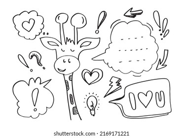 Vector illustration of a giraffe in thinking style and other elements.