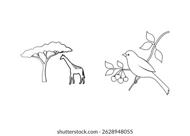 Vector illustration of a giraffe under tree with bird perched on cherry branch