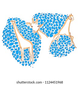 Vector illustration with giraffes and blue spots. Girraffes on abstract background.
 Bright design for advertising, banner, poster, postcard