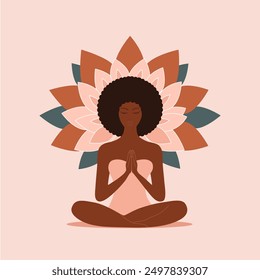 Vector illustration of a girl with an afro hairstyle meditating in the lotus position with a mandala flower background.