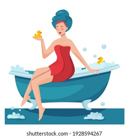 vector illustration of a girl after taking a bath. A woman sits on a bathtub and holds a duck in her hands