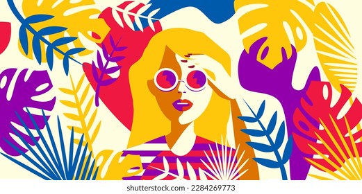 Vector illustration of a girl among colorful leaves.