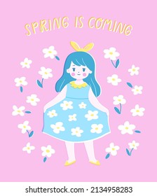 Vector illustration of a girl among spring flowers. Cute child in a floral dress in trendy retro style. Card or banner template design.