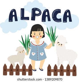 vector and illustration of the girl and animal called alpaca feed the grass 