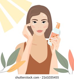 Vector illustration of the girl applies sunscreen to her face. Care and protection of the skin from ultraviolet radiation. Protection of the body from sunburn. A woman on the beach applies sunscreen