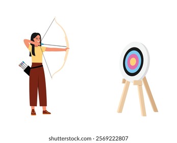 Vector illustration of a girl archer. Cartoon scene of a smiling girl shooting a bow, at a round target isolated on white background. Dressed in a yellow t-shirt, brown pants, with a bag of arrows.