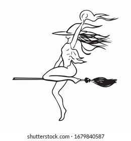 vector illustration of a girl, art sketch of a witch, a woman on a broomstick