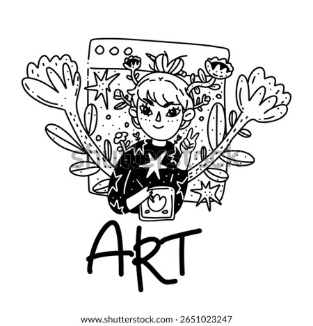 Vector illustration of a girl artist using a graphic tablet during a virtual conversation. The image reflects creativity, online learning and modern means of communication.