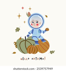 Ilustração vetorial com uma menina astronauta folhas de outono, caracol, lagartas e abóboras. Ilustração de outono para um cartão-postal